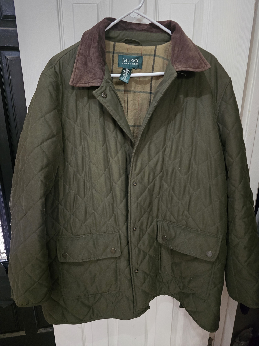 Lauren Ralph Lauren Men's Olive Quilted Jacket with Brown Corduroy Collar